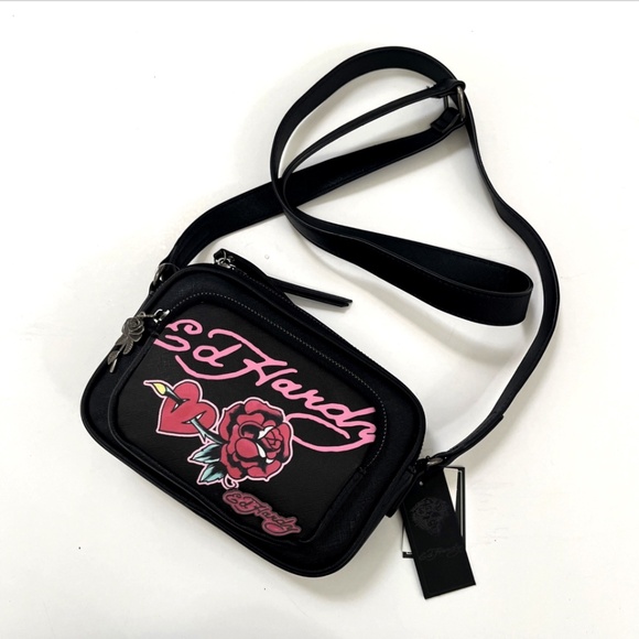 Ed Hardy Crossbody Bag Black Rose Tattoo Print Y2K Punk Rock Heart Logo NWT - Picture 2 of 6